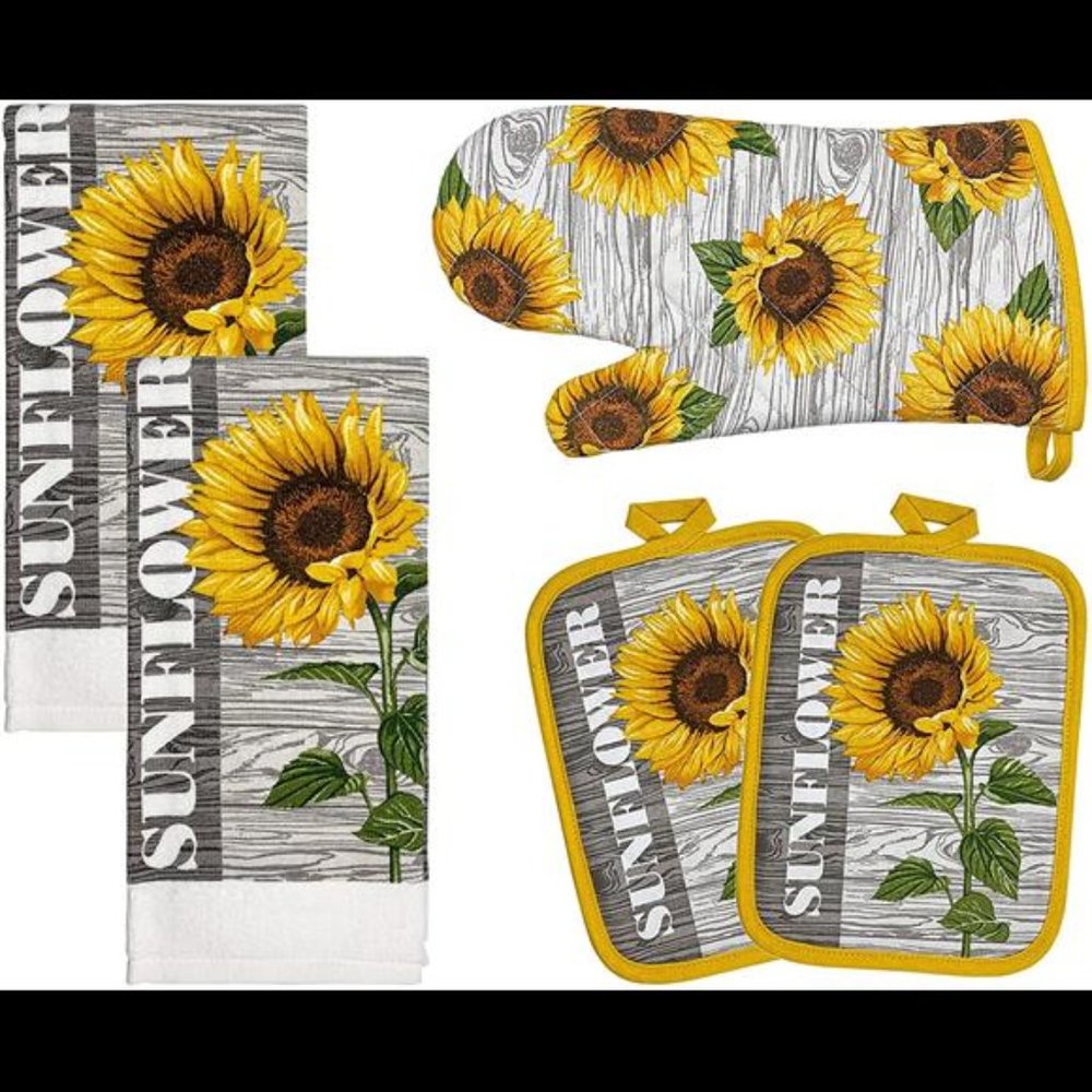 5 Pieces Sunflower Kitchen Designers Soft and Absorbent Cotton Towels